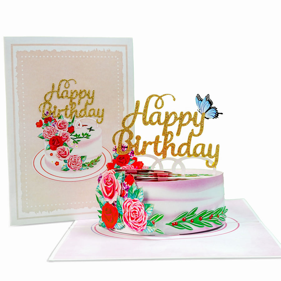 Happy Birthday Cake With Flowers And Butterfly Pop-Up Card