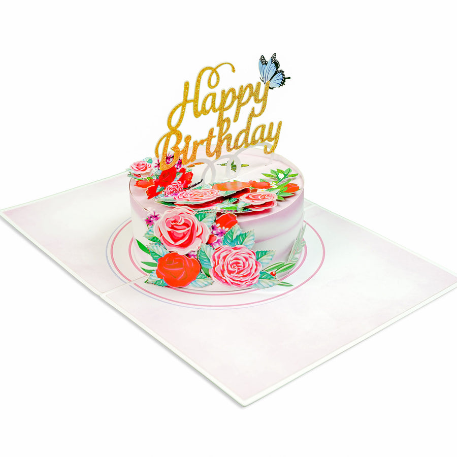 Happy Birthday Cake With Flowers And Butterfly Pop-Up Card