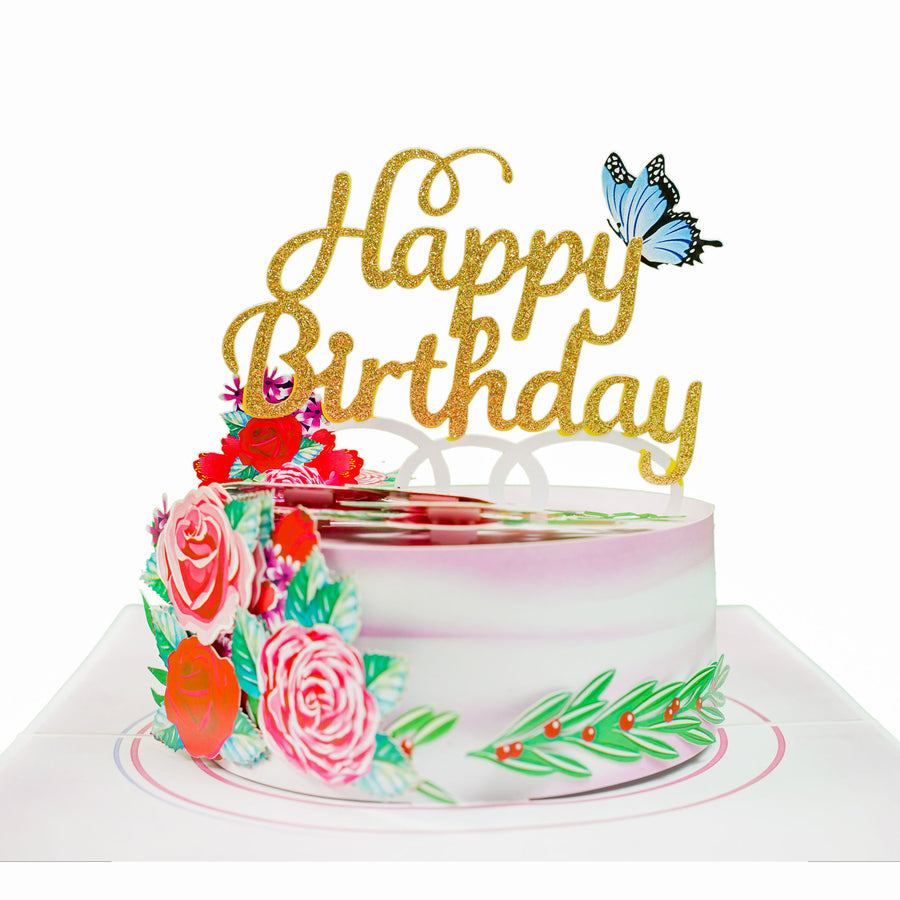 Happy Birthday Cake With Flowers And Butterfly Pop-Up Card