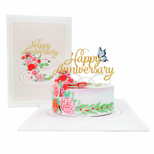 Happy Anniversary Cake With Flowers and Butterfly Pop-Up Card - Image 4