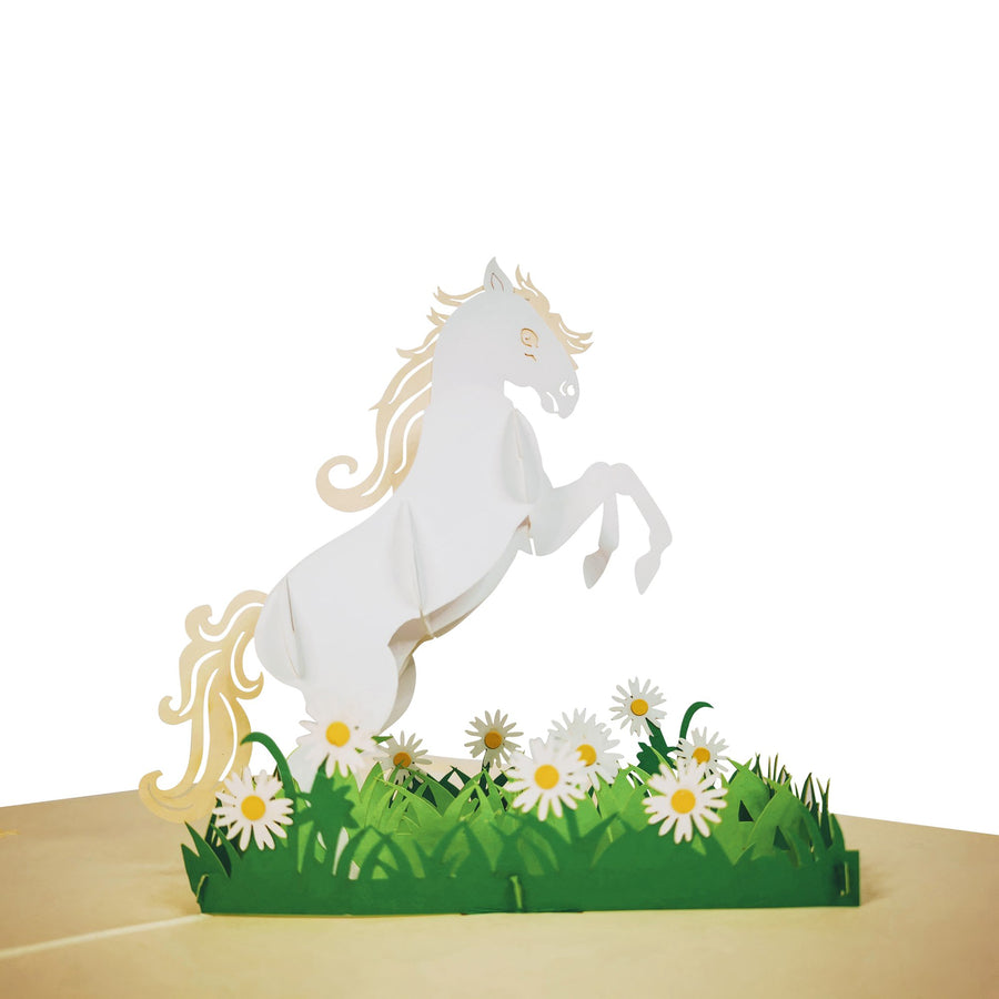 White Horse in Daisy Field 3D Pop Up Card UK