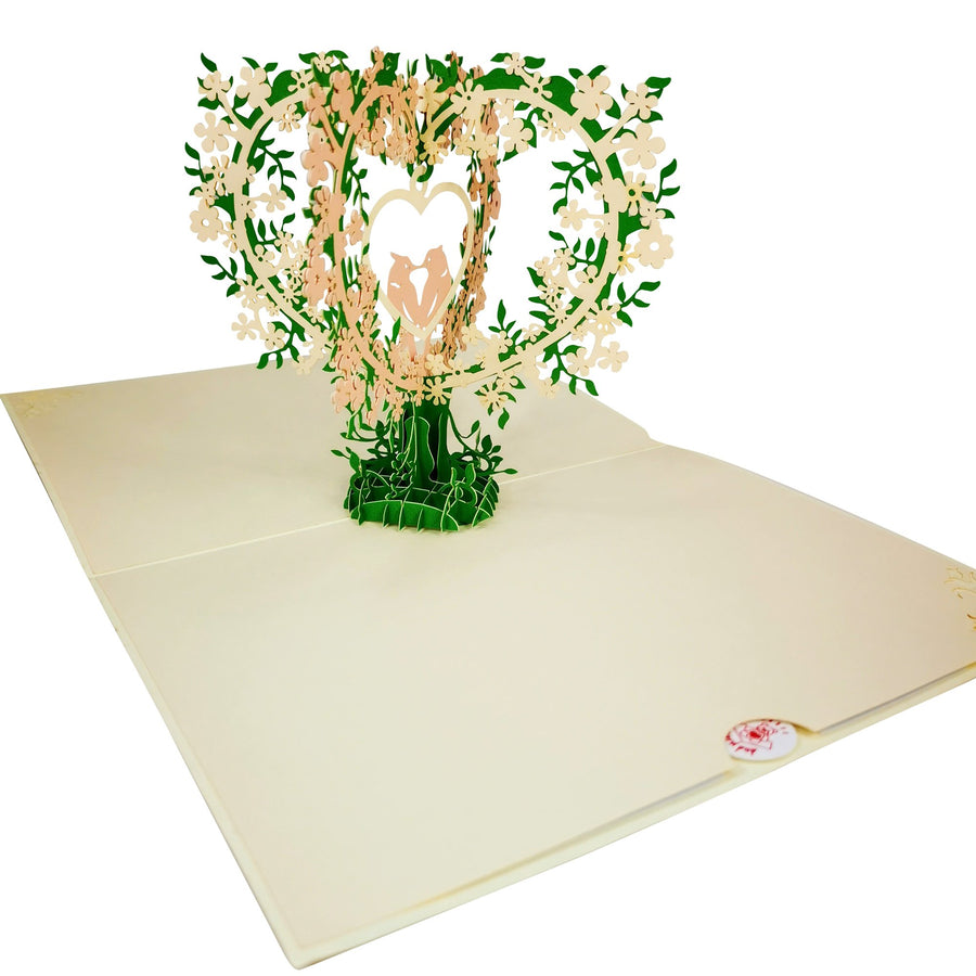 Two lovebirds perched on Flower Hearts 3D Pop Up Card UK