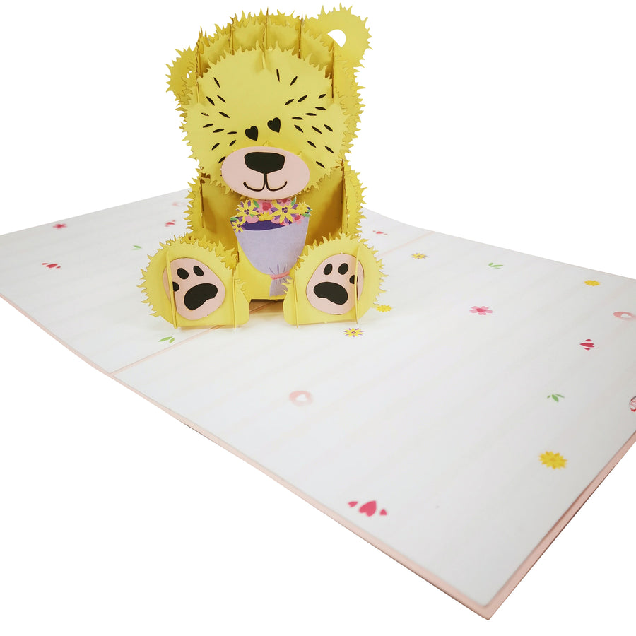 Teddy Bear & Colourful Flower Bouquet 3D Pop Up Card UK