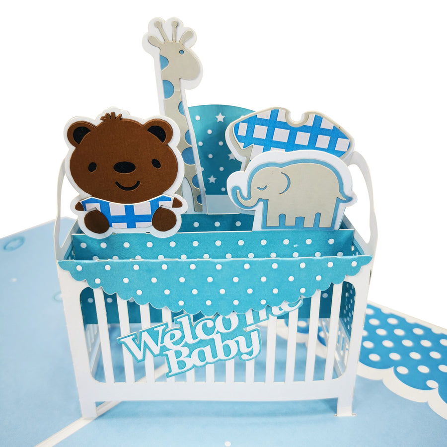 New Baby Boy & Blue Cot 3D Pop Up Card UK