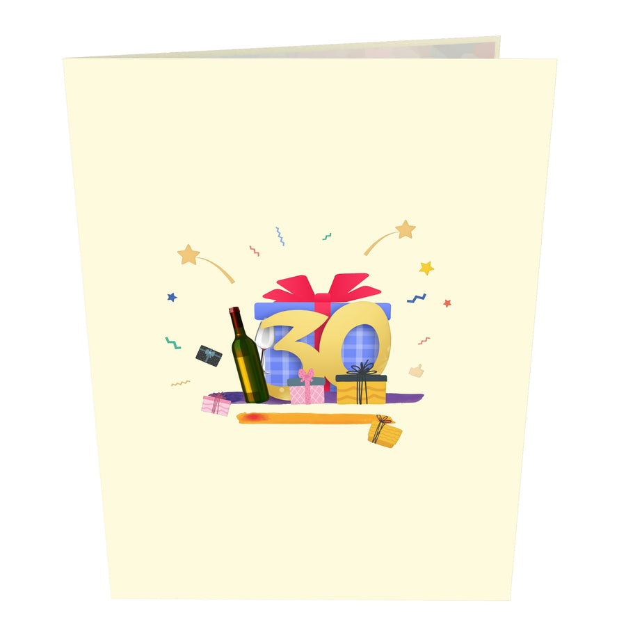 30th Happy Birthday With Presents And Wine Pop-Up Card