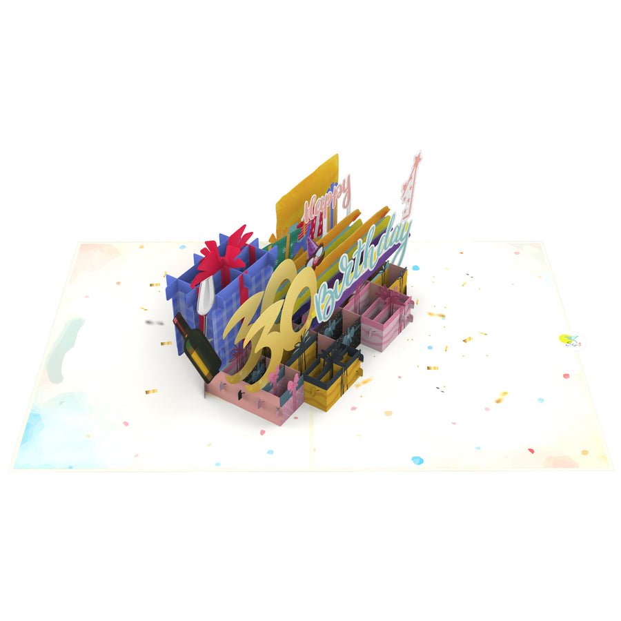 30th Happy Birthday With Presents And Wine Pop-Up Card