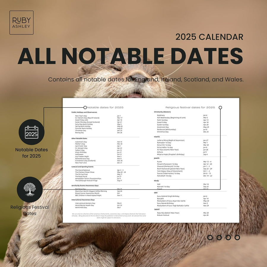 2025 British Wildlife Calendar: 13 Months of Stunning Images, UK Notable Dates, Essential Contacts & Religious Festivals Included