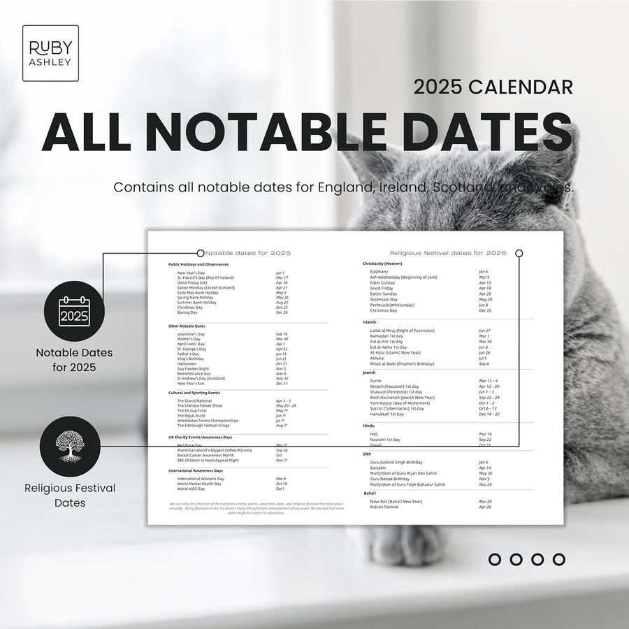 2025 Cats & Kittens Calendar: 13 Months of Cute Images, UK Notable Dates, Essential Contacts & Religious Festivals Included