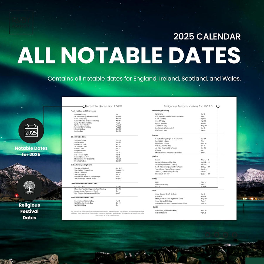 2025 Natural Wonders Calendar: 13 Months of Stunning Images, UK Notable Dates, Essential Contacts & Religious Festivals Included