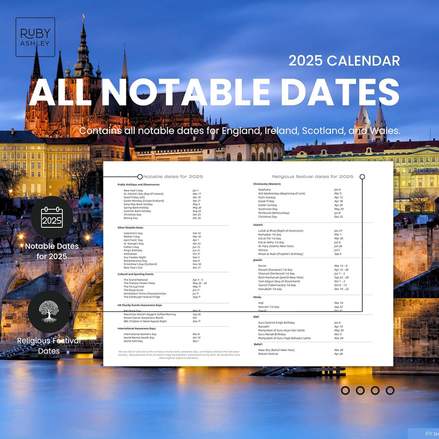 2025 Amazing Cities Calendar: 13 Months of Stunning Images, UK Notable Dates, Essential Contacts & Religious Festivals Included