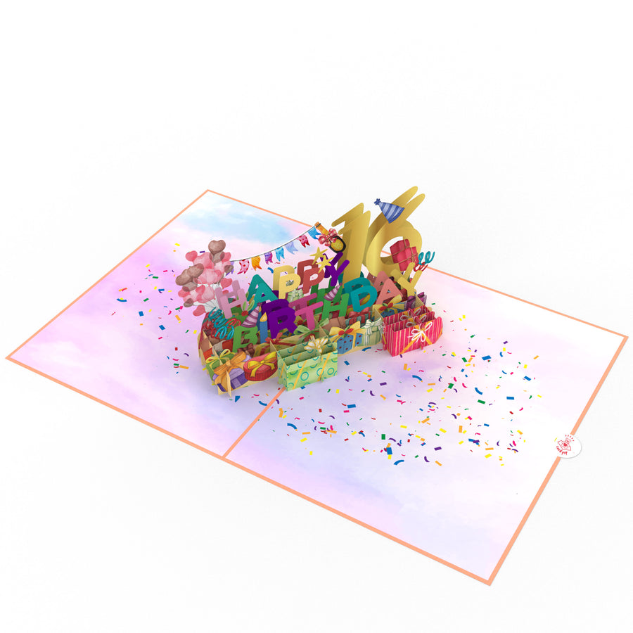 16th Happy Birthday With Presents And Balloons Pop-Up Card