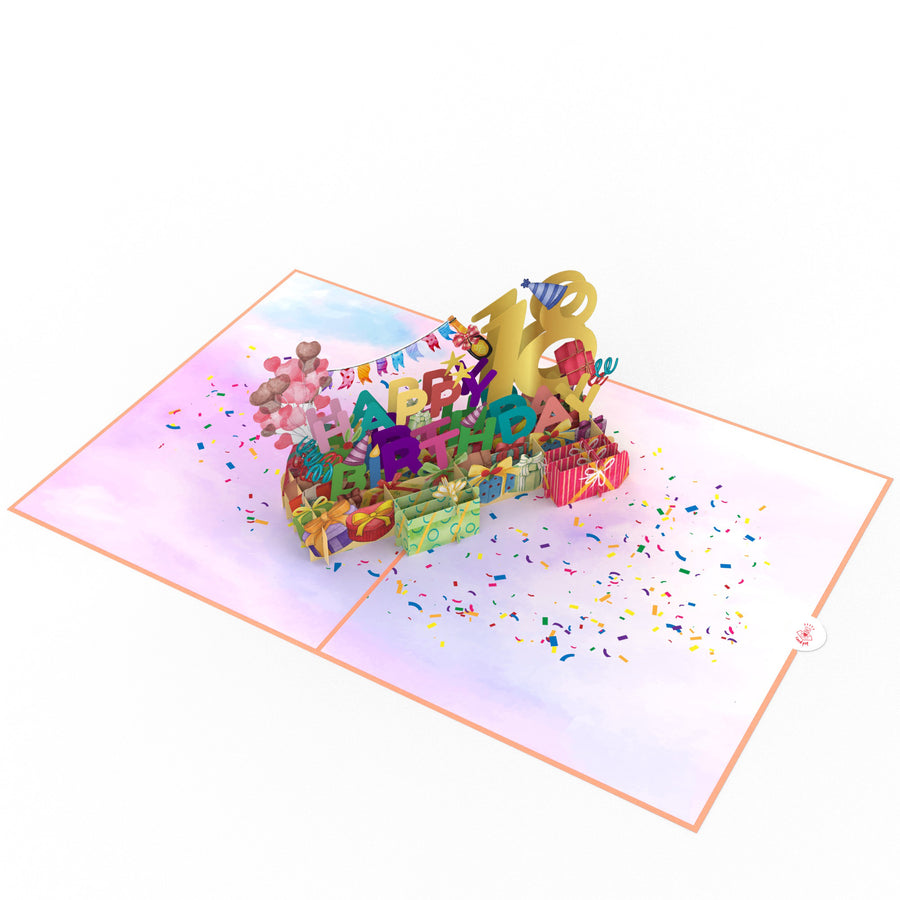 18th Happy Birthday  With Presents And Balloons Pop-Up Card