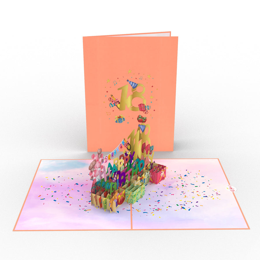 18th Happy Birthday  With Presents And Balloons Pop-Up Card