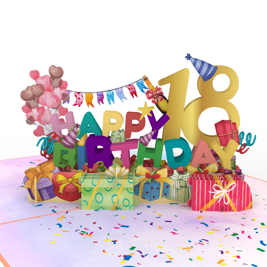 18th Happy Birthday  With Presents And Balloons Pop-Up Card