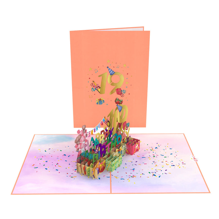 19th Happy Birthday With Presents And Balloons Pop-Up Card