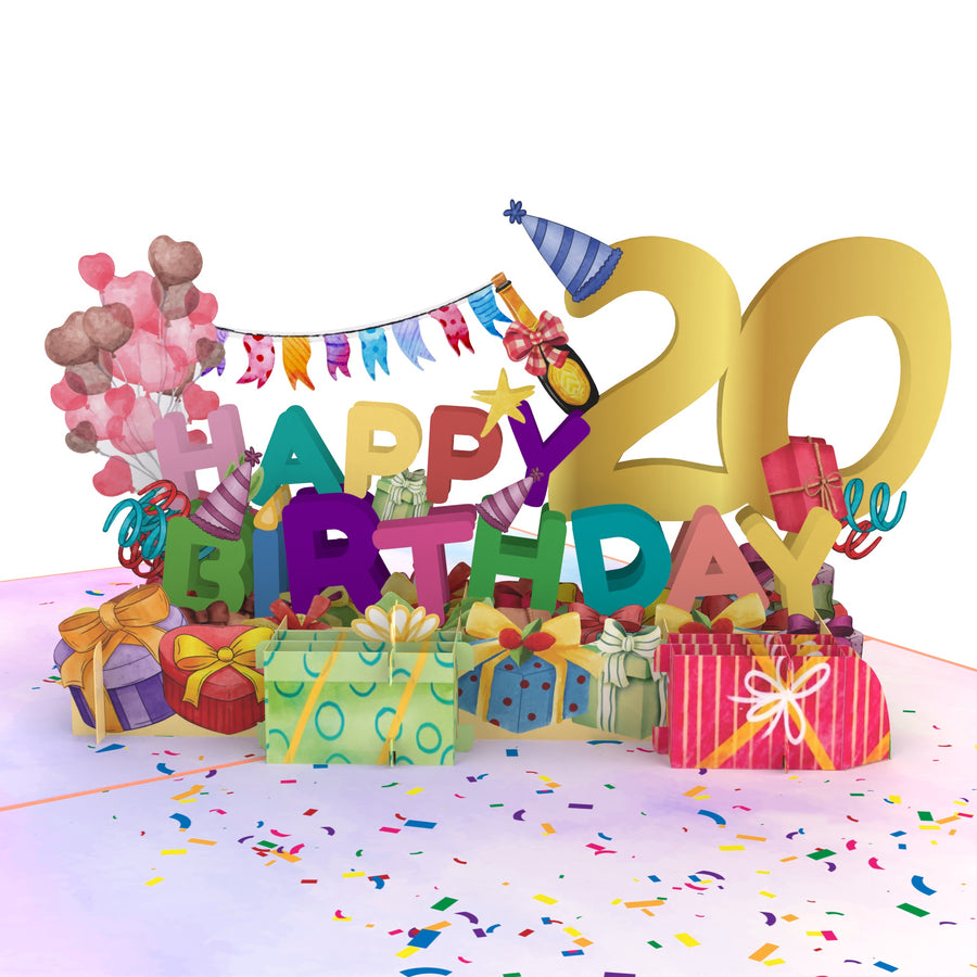 20th Happy Birthday With Presents And Balloons Pop-Up Card