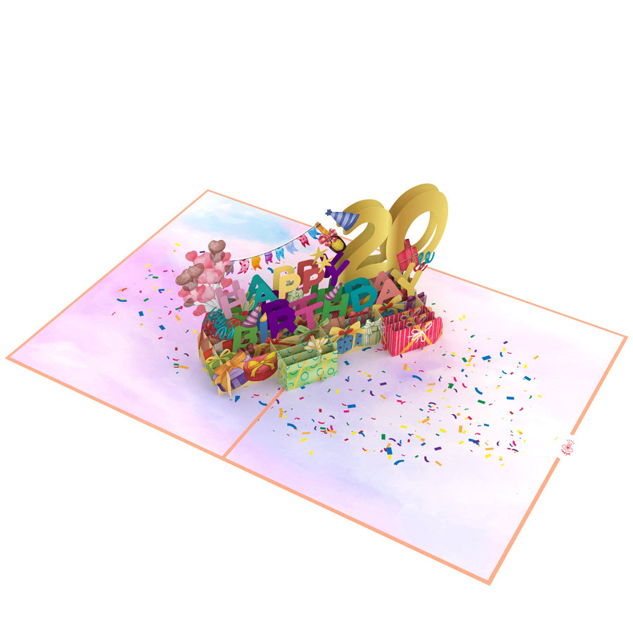 20th Happy Birthday With Presents And Balloons Pop-Up Card