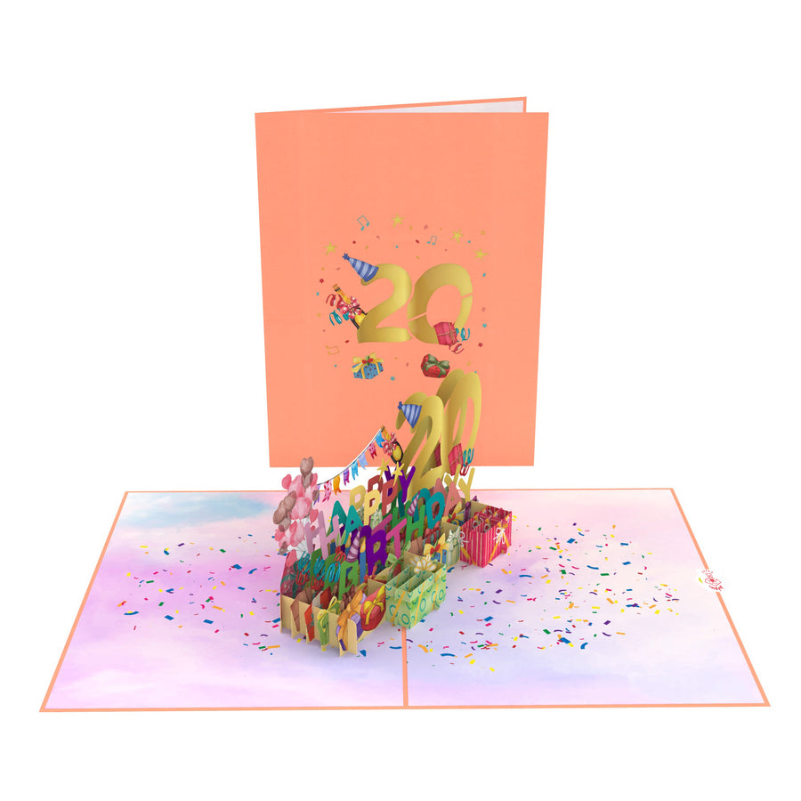 20th Happy Birthday With Presents And Balloons Pop-Up Card