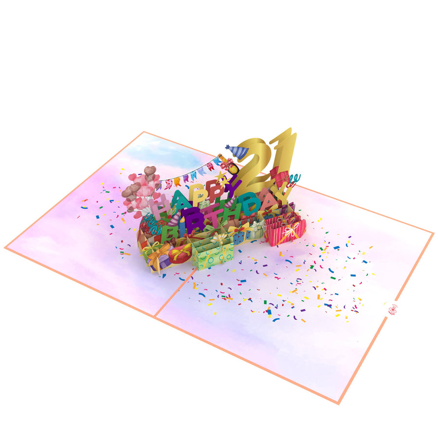 21st Happy Birthday With Presents And Balloons Pop-Up Card