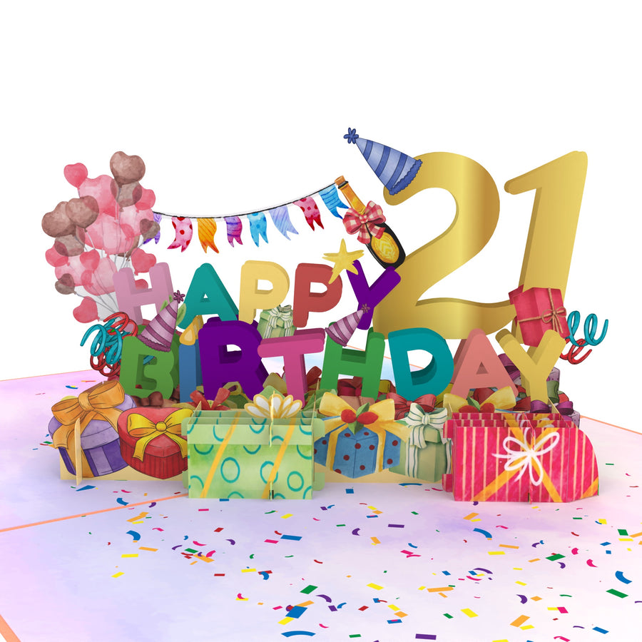 21st Happy Birthday With Presents And Balloons Pop-Up Card