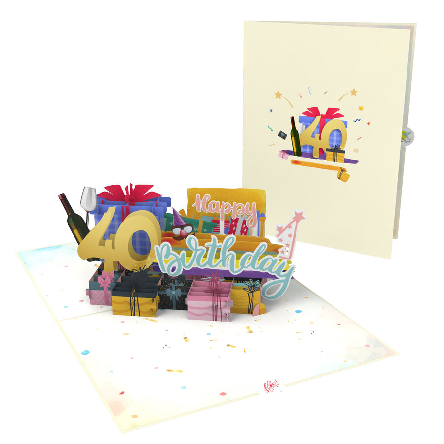 40th Happy Birthday With Presents And Wine Pop-Up Card