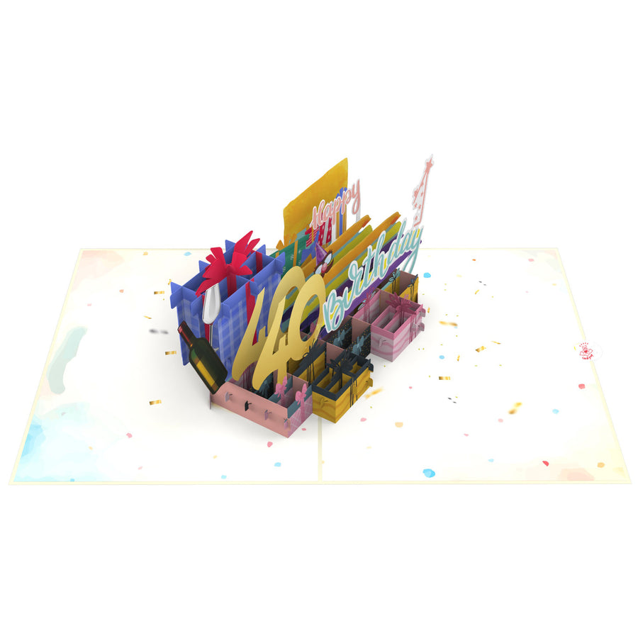 40th Happy Birthday With Presents And Wine Pop-Up Card