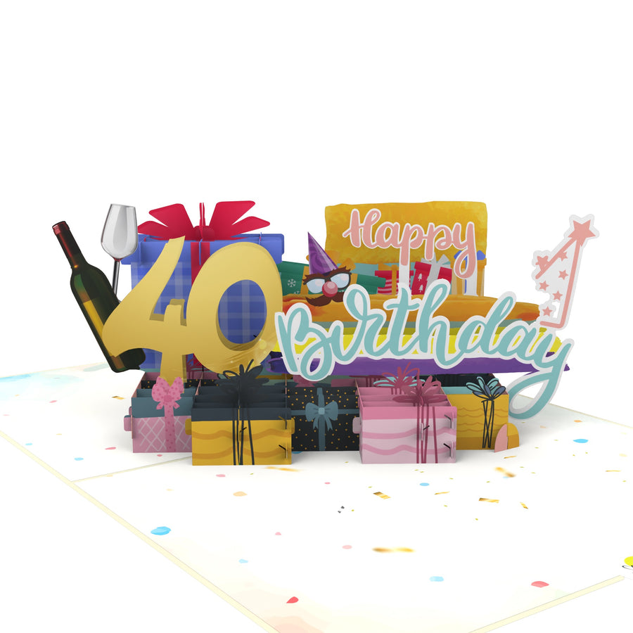 40th Happy Birthday With Presents And Wine Pop-Up Card