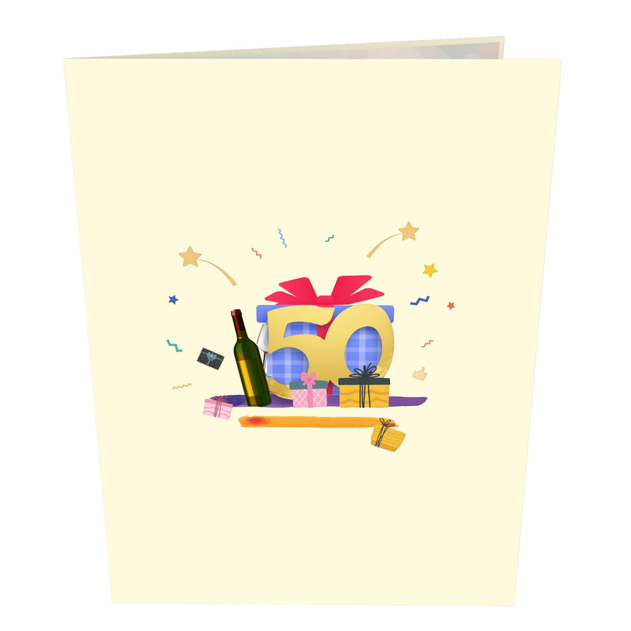 50th Happy Birthday With Presents And Wine Pop-Up Card