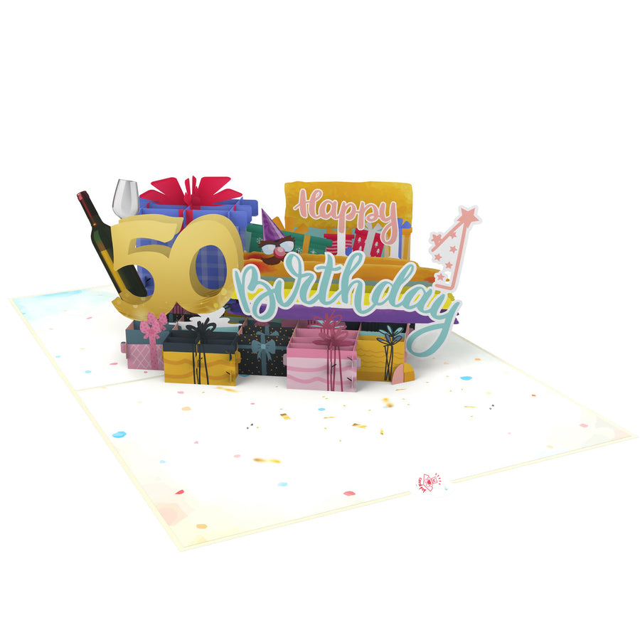 50th Happy Birthday With Presents And Wine Pop-Up Card