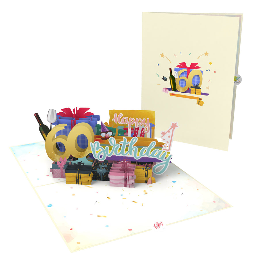 60th Happy Birthday With Presents And Wine Pop-Up Card