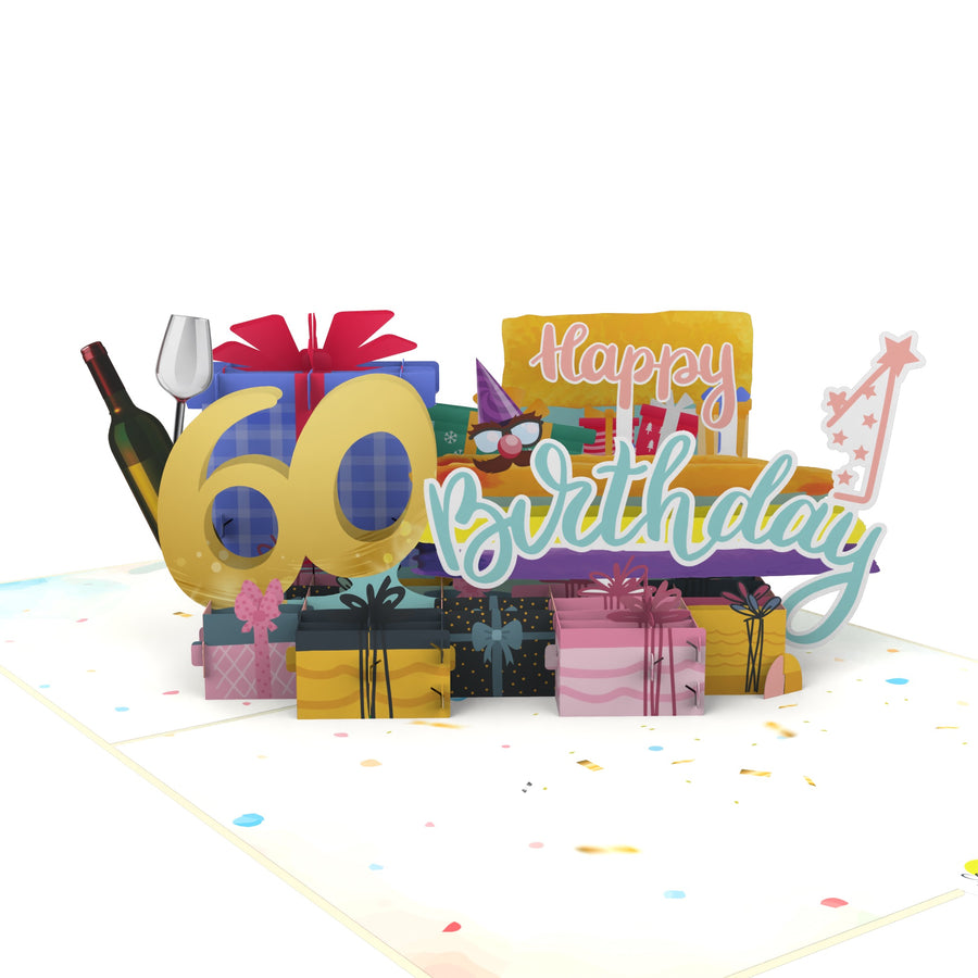 60th Happy Birthday With Presents And Wine Pop-Up Card