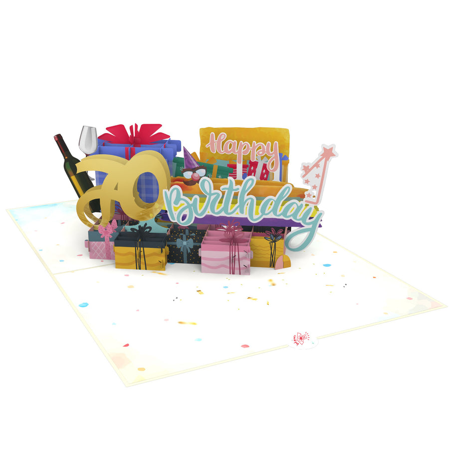 70th Happy  Birthday With Presents And Wine Pop-Up Card
