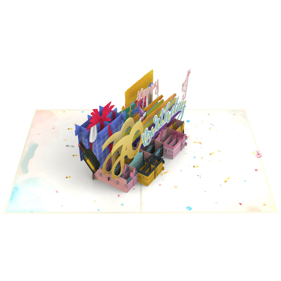 70th Happy  Birthday With Presents And Wine Pop-Up Card