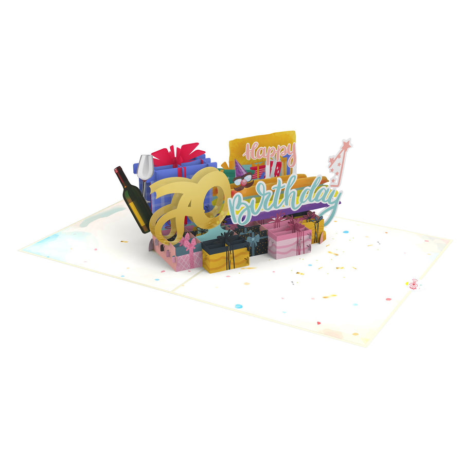 70th Happy  Birthday With Presents And Wine Pop-Up Card