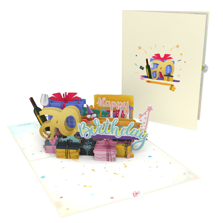 70th Happy  Birthday With Presents And Wine Pop-Up Card