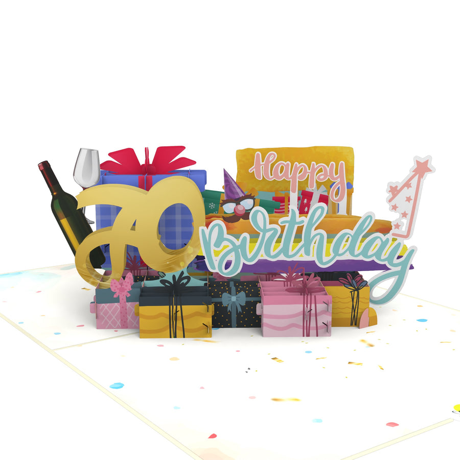 70th Happy  Birthday With Presents And Wine Pop-Up Card