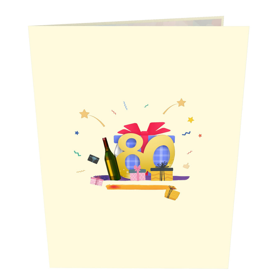 80th Happy Birthday With Presents And Wine Pop-Up Card