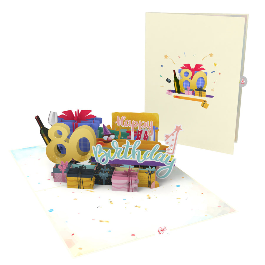 80th Happy Birthday With Presents And Wine Pop-Up Card