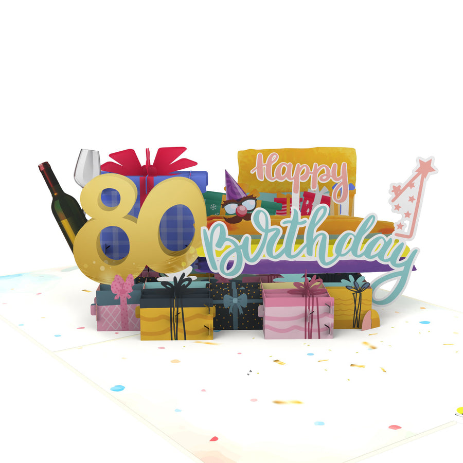 80th Happy Birthday With Presents And Wine Pop-Up Card