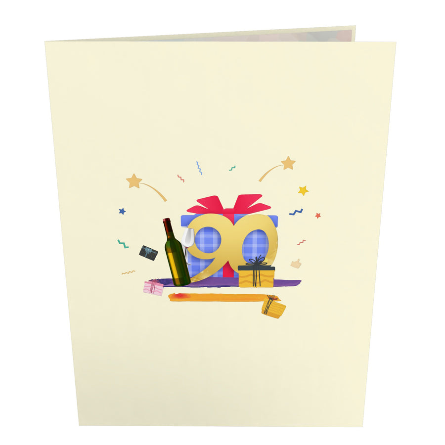 90th Happy Birthday With Presents And Wine Pop-Up Card