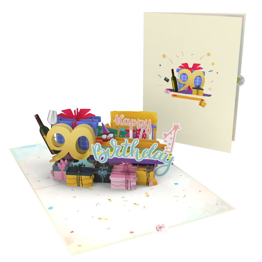 90th Happy Birthday With Presents And Wine Pop-Up Card