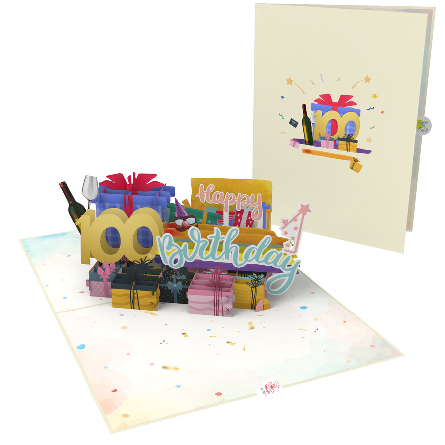 100th Happy Birthday With Presents And Wine Pop-Up Card