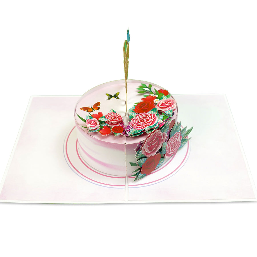 Happy Birthday Cake With Flowers And Butterfly Pop-Up Card