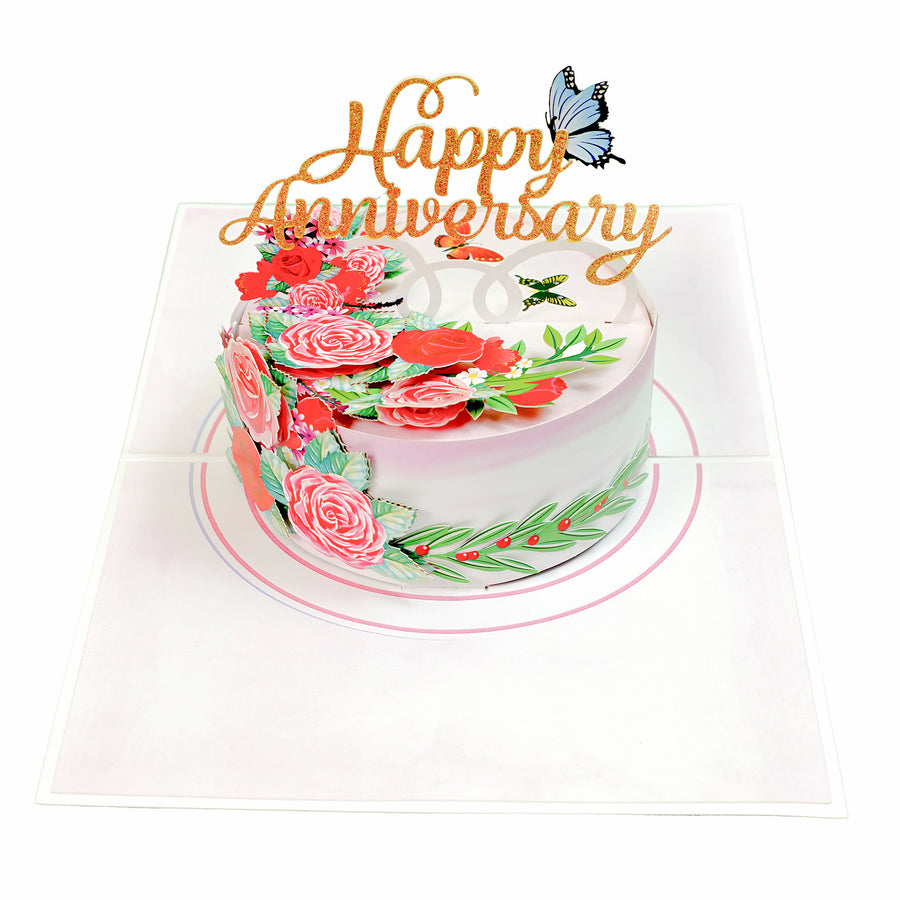 Happy Anniversary Cake With Flowers and Butterfly Pop-Up Card