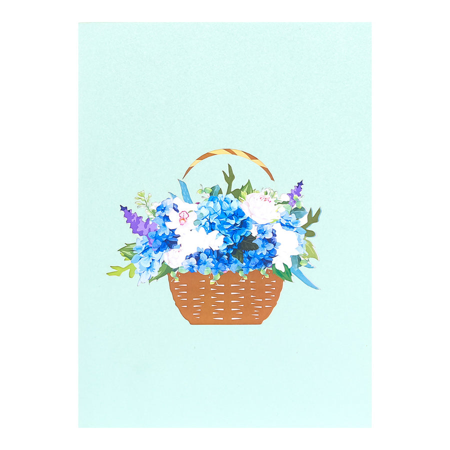 Blue Hydrangeas in Basket With Butterflies Pop-Up Card