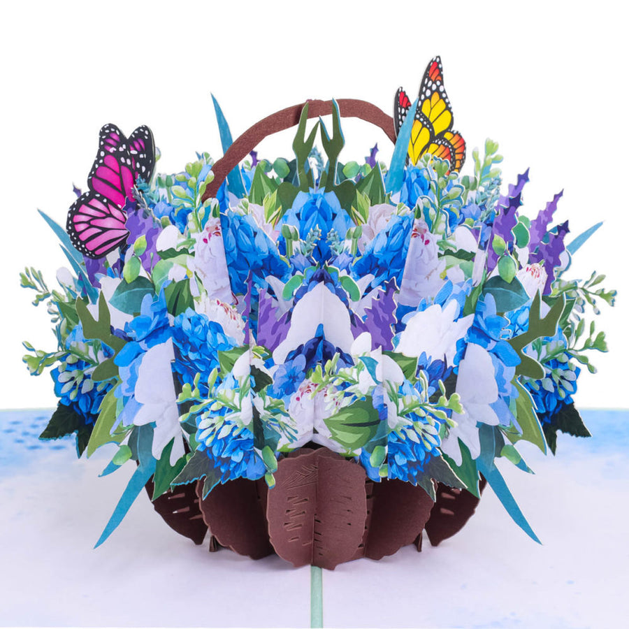 Blue Hydrangeas in Basket With Butterflies Pop-Up Card