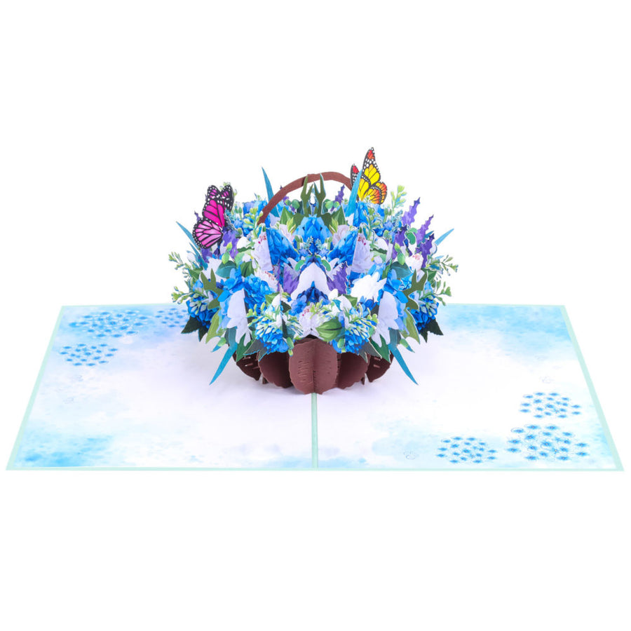 Blue Hydrangeas in Basket With Butterflies Pop-Up Card