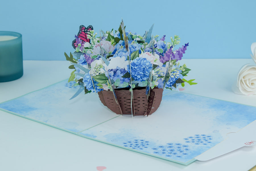 Blue Hydrangeas in Basket With Butterflies Pop-Up Card