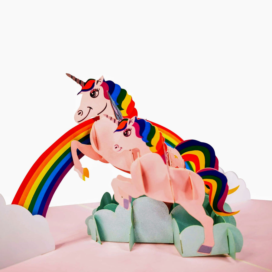 2 Pink Unicorns on a Rainbow 3D Pop Up Card UK