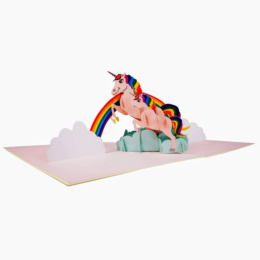 2 Pink Unicorns on a Rainbow 3D Pop Up Card UK